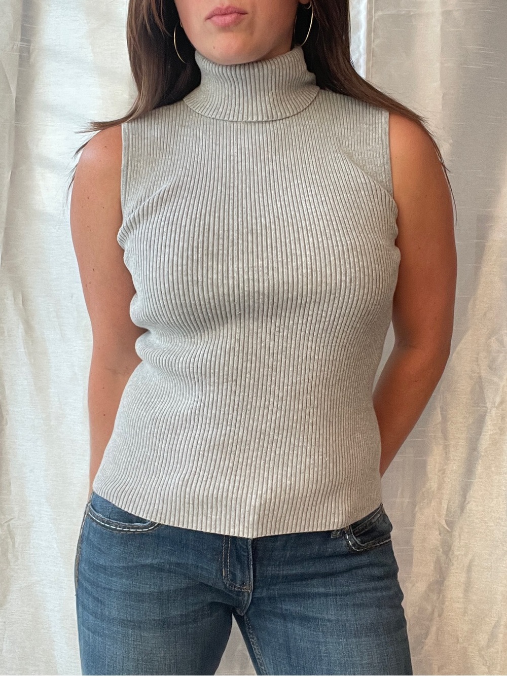 Jeanne Pierre Ribbed Sleeveless Turtleneck Gray Academia Minimalist 90s Medium